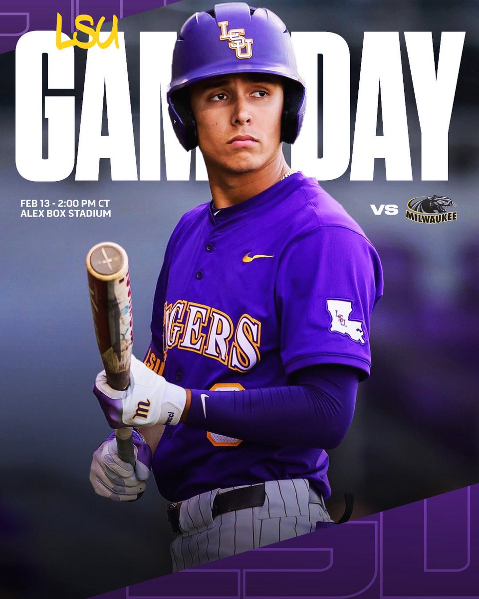 lsu_capital's tweet photo. THE CHAMPS ARE BACK ‼️

🆚 Milwaukee Panthers
🏟️ Alex Box Stadium, Skip Bertman Field
⏰ 2:00 P.M. CT (Friday, February 13th)
📺 SECN+ https://t.co/84Mxjl262a