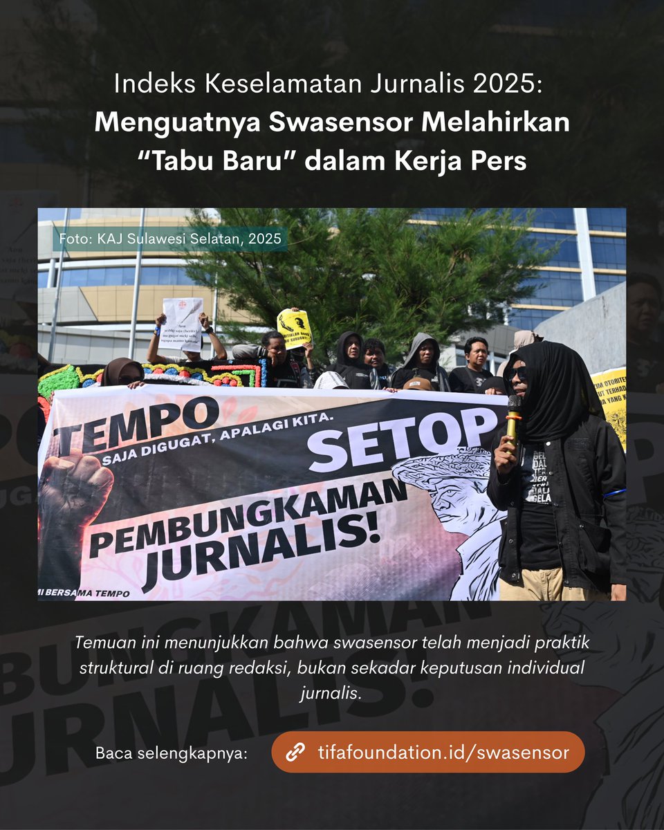 "Kondisi ini dinilai lebih berbahaya karena bekerja secara diam-diam melalui rasa takut dan ketidakpastian, sehingga jurnalis membatasi diri sebelum tekanan benar-benar datang."

Baca selengkapnya di tifafoundation.id/swasensor.