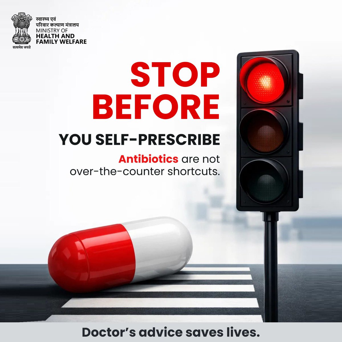 MoHFW_INDIA's tweet photo. Protect your health. Use antibiotics responsibly.

Misuse and overuse of antibiotics accelerate antimicrobial resistance (AMR), making infections more dangerous and harder to treat. Take antibiotics only when prescribed by a qualified doctor—never self-medicate.

Together, we can slow AMR and safeguard effective treatments for the future.

#AMR #AntimicrobialResistance
#HealthForAll