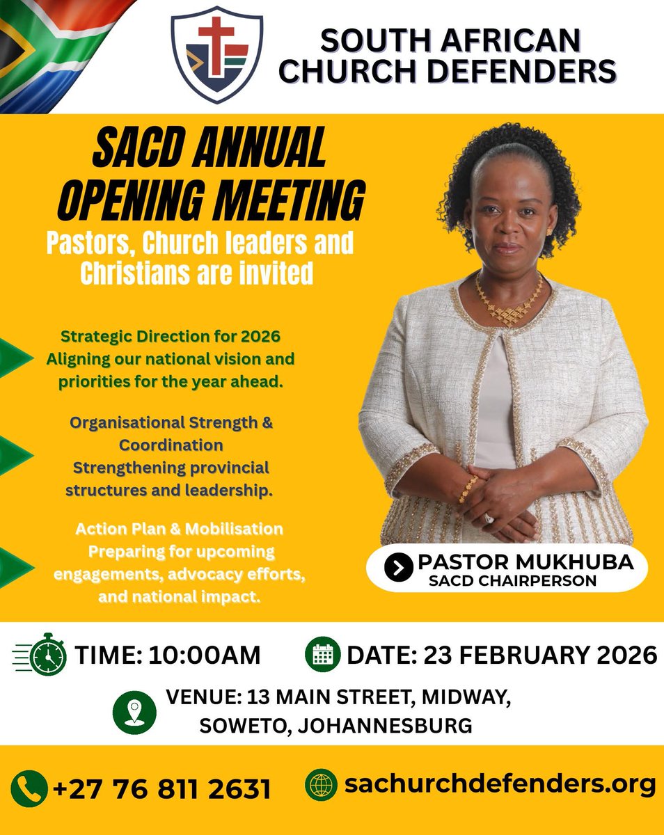 SACD Annual Opening Meeting 2026

Pastors, Church Leaders and Christians are invited to join us as we set the strategic direction for 2026.

This important gathering will focus on aligning our national vision and strengthening our provincial structures, action plan &amp; mobilisation