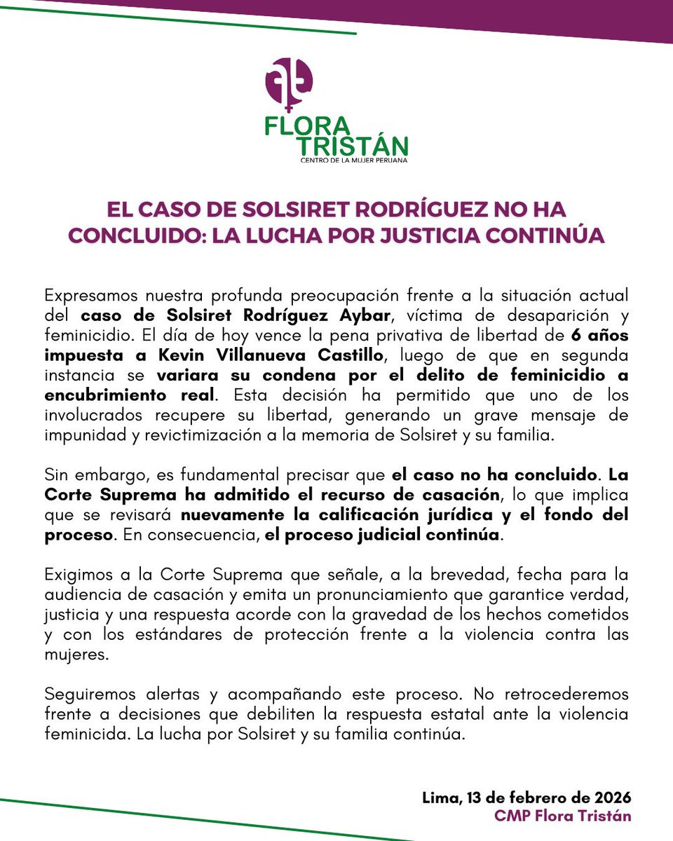 #Pronunciamiento 🚨| Expresamos nuestra profunda preocupación frente a la situación actual del caso de #SolsiretRodríguez, víctima de desaparición y feminicidio. ¡No más impunidad!
