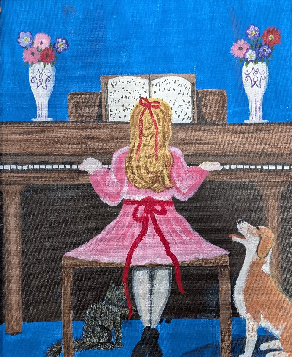 MattStarrFineA1's tweet photo. This is my acrylic painting of a young girl sitting at a piano, playing music with her pets, a cat and dog. https://t.co/az9LBKMQKm 

#mattstarrfineart #piano #pianos #pets #girl #cat #dog #art #painting #tshirts #tshirt #artistic #artwork #artlovers #ArtoftheDay #BuyArtOnline https://t.co/KfPvG6g3M9