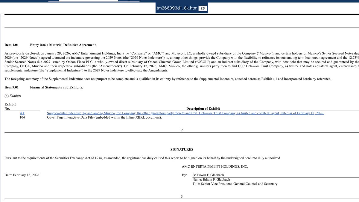 AMC 8-K today: Firmed up Jan 29 agreement with 2029 bond holders. Unlocks options to refinance/extend the 2027 Odeon notes. Avoids near-term 2027 maturity wall. Price to play? $18.9M consent fee in shares. Stay tuned for future details on the 2027 debt restructuring. $AMC #AMC