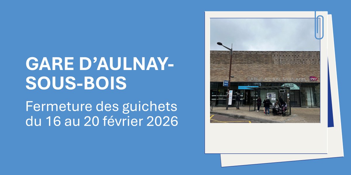 ℹ️ Travaux aux guichets de la gare d’Aulnay-sous-Bois du 16 au 20 février inclus.
👉 Guichets fermés, mais des agents restent présents en gare pour la vente mobile et l’accompagnement.
ℹ️ Pour le SAV Navigo, merci de vous rendre dans les gares encadrantes ou sur vos apps. #RERB