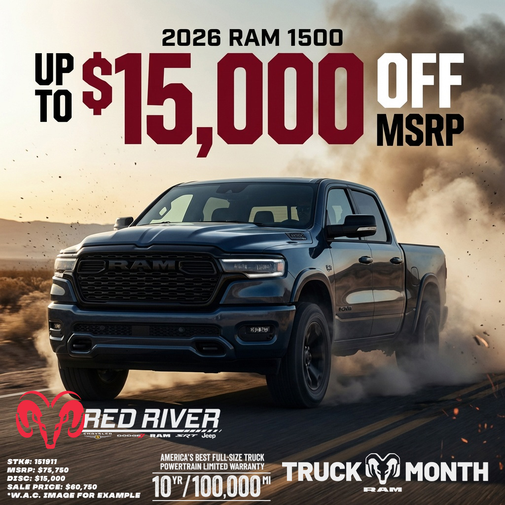 RedRiverDodge's tweet photo. 🚨 TRUCK MONTH 🚨
🔥 2026 RAM 1500
💰 Up to $15,000 OFF MSRP

Power, comfort, and serious savings.
📍 Red River Dodge – Heber Springs
📲 DM us for details!

#Ram1500 #TruckMonth #RedRiverDodge https://t.co/AGliYT8eh5