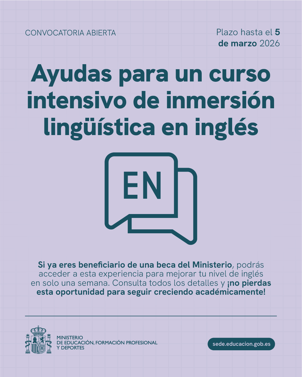 🎓✨ ¡Atención estudiantes becados!

🔹 Ayudas para un curso intensivo de inmersión lingüística en inglés. 

 📆 ¡Plazo hasta el 5 de marzo 2026!

f.mtr.cool/ypbcjdxiqi

#MinisterioEducacion #Becas #InmersionLingüistica #Formación