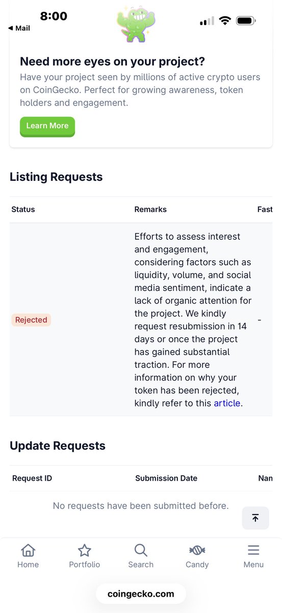 Ok, so I heard back from Coingecko.  We were rejected for this listing for the following reason, but on a positive note we can re-apply in two weeks.  We now know what we need to do as well.  I assumed this would be the result at this stage of our growth,  but we push forward and