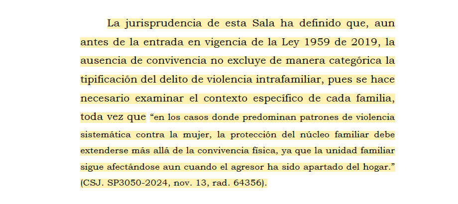 Melovides's tweet photo. La jurisprudencia ha establecido que la convivencia no es un requisito para configurar la violencia intrafamiliar: el maltrato entre integrantes del núcleo familiar es punible aun sin vivir bajo el mismo techo, incluso desde antes de la Ley 1959 de 2019. https://t.co/6VQTkvIUDd https://t.co/bVcOF9c1fS