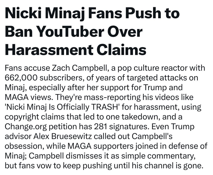 As we get Zach Campbell’s YouTube taken down please flag his X account as well. This man has been harassing Nicki Minaj for too long and trying to profit from it

Please repost and share to EVERY Barb

Incitement of Violence x.com/zachcampbel/st…

Violent threats