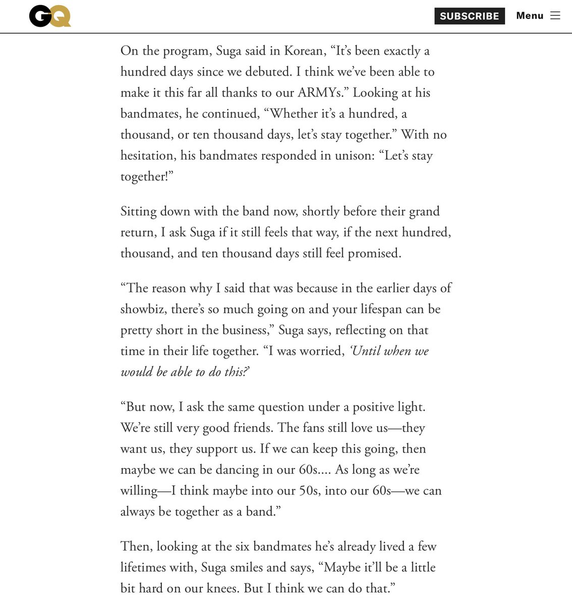 ไม่ว่าจะเป็นร้อย พัน หรือหมื่นวัน มาอยู่ด้วยกันกันเถอะ บางทีเราอาจจะเต้นได้ตอนอายุ 60 ตราบใดที่เราเต็มใจ เราสามารถอยู่ด้วยกันเป็นวงดนตรีได้เสมอ บางทีมันอาจจะยากสําหรับเข่าของเราเล็กน้อย แต่ฉันคิดว่าเราสามารถทําสิ่งนั้นได้ ช็อตนี้พี่ตรายยย 😭😭