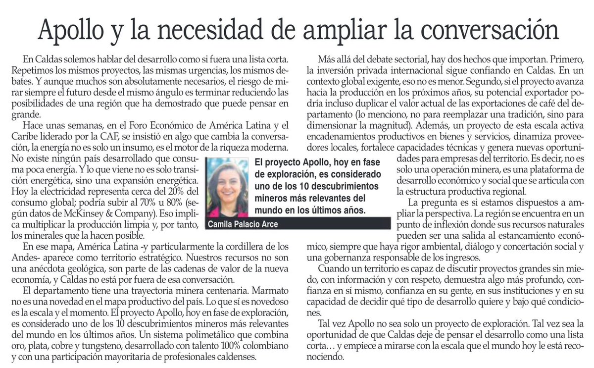 Collective_Col's tweet photo. Caldas ha demostrado, a lo largo de su historia, que sabe construir industria a partir del conocimiento. Hoy, #Apollo se suma a ese camino como un proyecto de exploración minera que aporta información geológicoadel subsuelo y ayuda a comprender mejor el potencial del territorio.

Su reconocimiento a nivel internacional destaca ese trabajo técnico y abre nuevas oportunidades para la región 🌎

🔗 Lee la columna de Camila Palacio Arce en @lapatriacom 👇🏼

https://t.co/GWqbhcKdhf