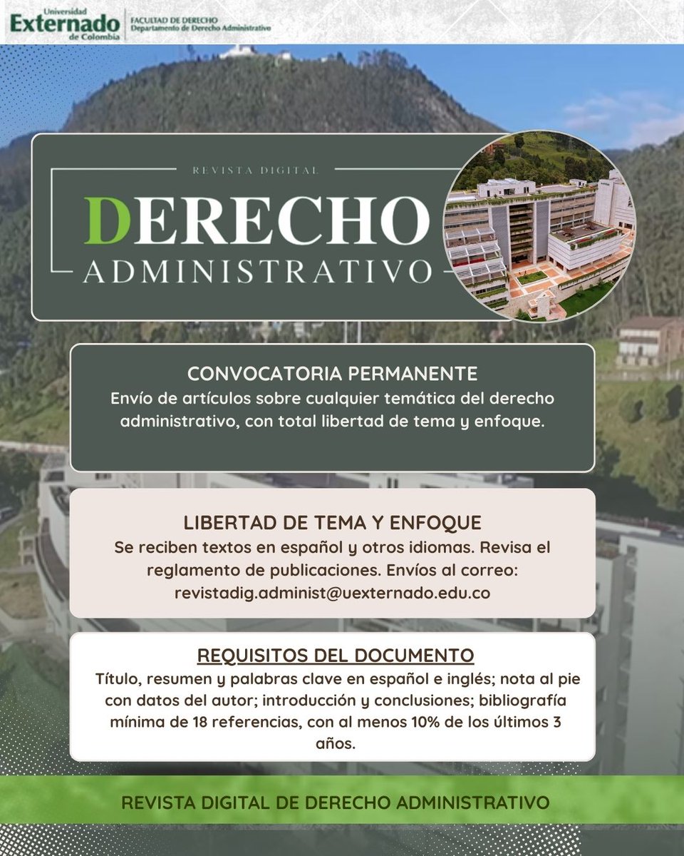 RevistaDDerAdm's tweet photo. 📌¿Tienes una investigación en derecho administrativo que quieras dar a conocer? 

📚 La Revista Digital de Derecho Administrativo abre sus puertas a la comunidad académica con total libertad de tema.  

🖋️ Se reciben artículos sobre cualquier temática: 

https://t.co/knLx8PWdSJ https://t.co/HngWuFgAf3