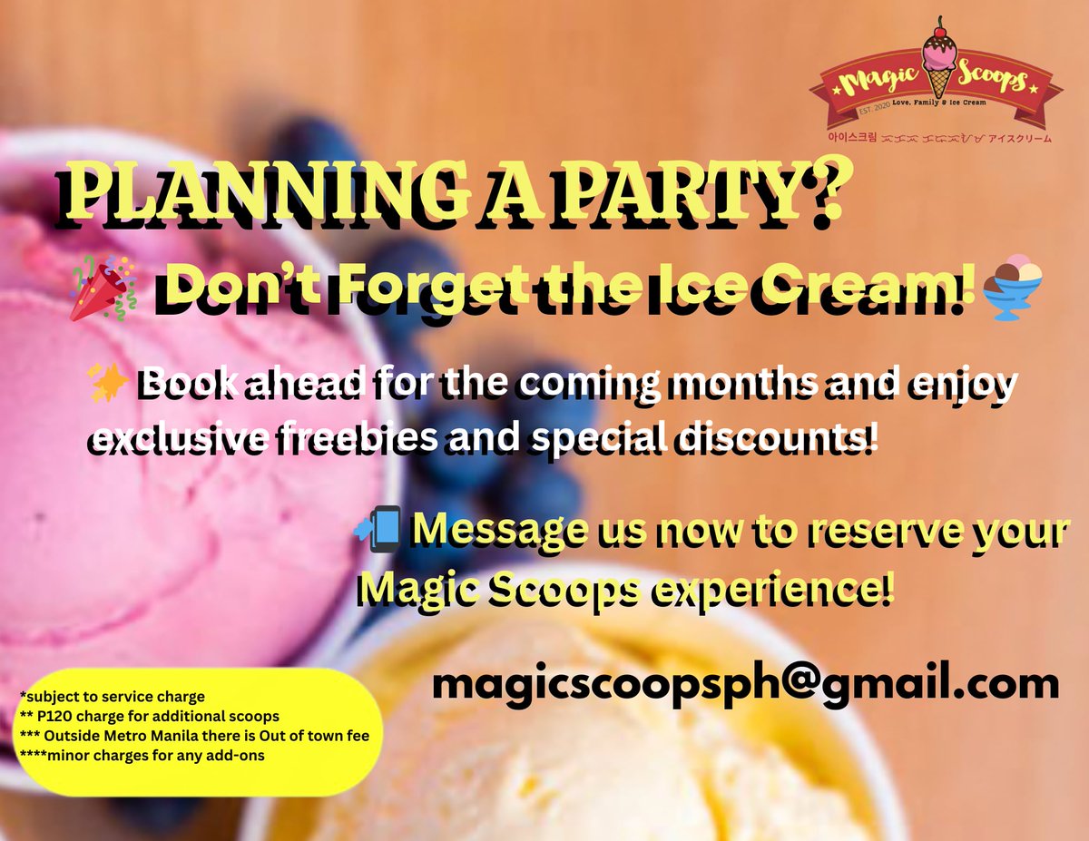 MagicScoops's tweet photo. 🎉 Planning a party? Make it MAGICAL with Magic Scoops! 🍦✨
Treat your guests to creamy ice cream cups that everyone will love 😋
📅 Book ahead &amp; enjoy:
💸 Exclusive discounts for early birds
Don’t wait—turn your party into a sweet celebration! 🪄💖
#MagicScoops #PartyGoals https://t.co/SiiOX0BLUS