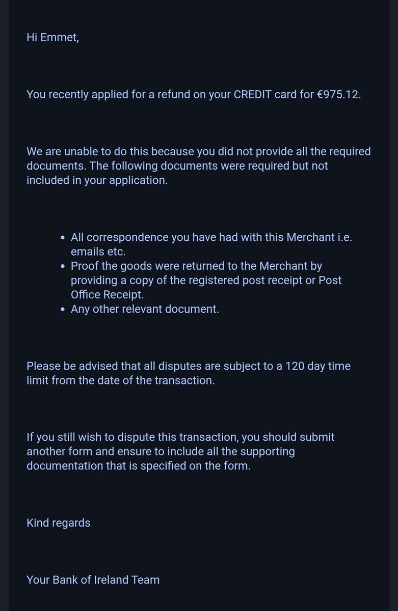 EmmetFardy's tweet photo. @talktoBOI Asking someone to provide evidence of something that is not mentioned as required and making them resubmit again is wasting everyone's time. I need to be able to talk to someone not start again at every communication. https://t.co/3OSrGC6s63