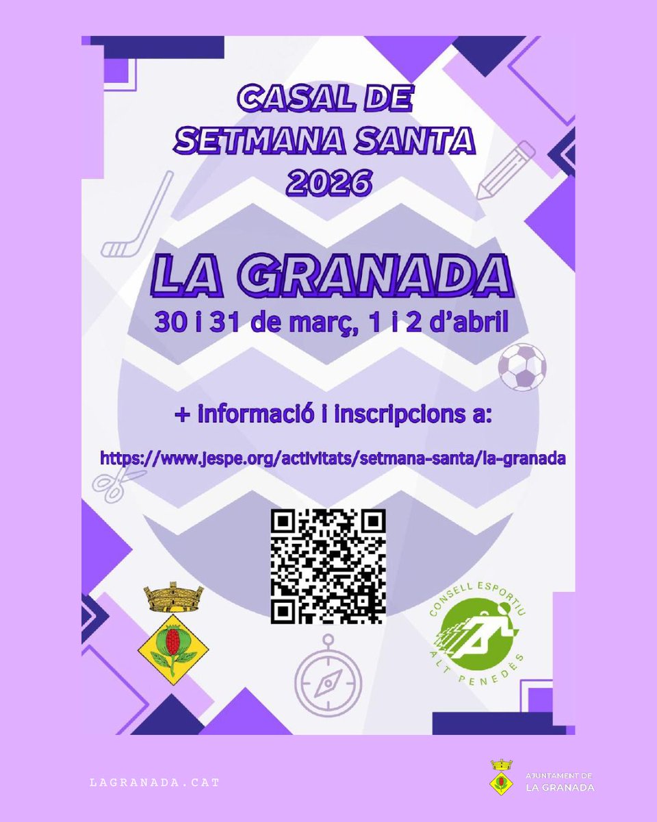 AjLaGranada's tweet image. 📢Ja estan obertes les inscripcions pel Casal de Setmana Santa!🏀🎨
🗓️30 i 31de març, 1 i 2d'abril.🏃‍♂️Activitats esportives i lúdiques amb el Consell Esportiu Alt Penedès.
Consulta tota la info i apunta-t'hi aquí👇🔗 jespe.org/activitats/set…
No t'ho perdis! 🐣✨ #Lleure #AltPenedès