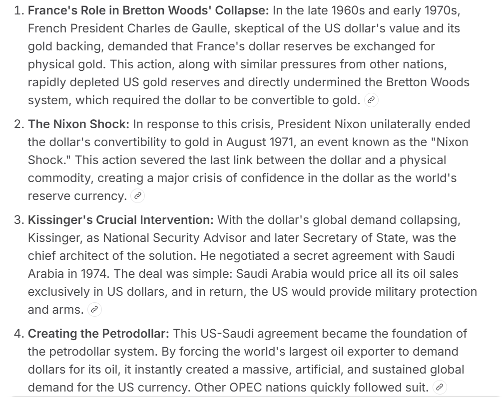 johndeerr84's tweet photo. @MarkLayman12 @DrewPavlou I thought Nixon had no choice &amp;needed Kissinger to build a new economic model after LBJ-Great Society spending collapsed the dollar. Moved to Petrodollar  &amp; import-based econ to satisfy USD demand for all the world's oil purchases. IDK at all what the other scenarios were. https://t.co/X7gq5JIswv