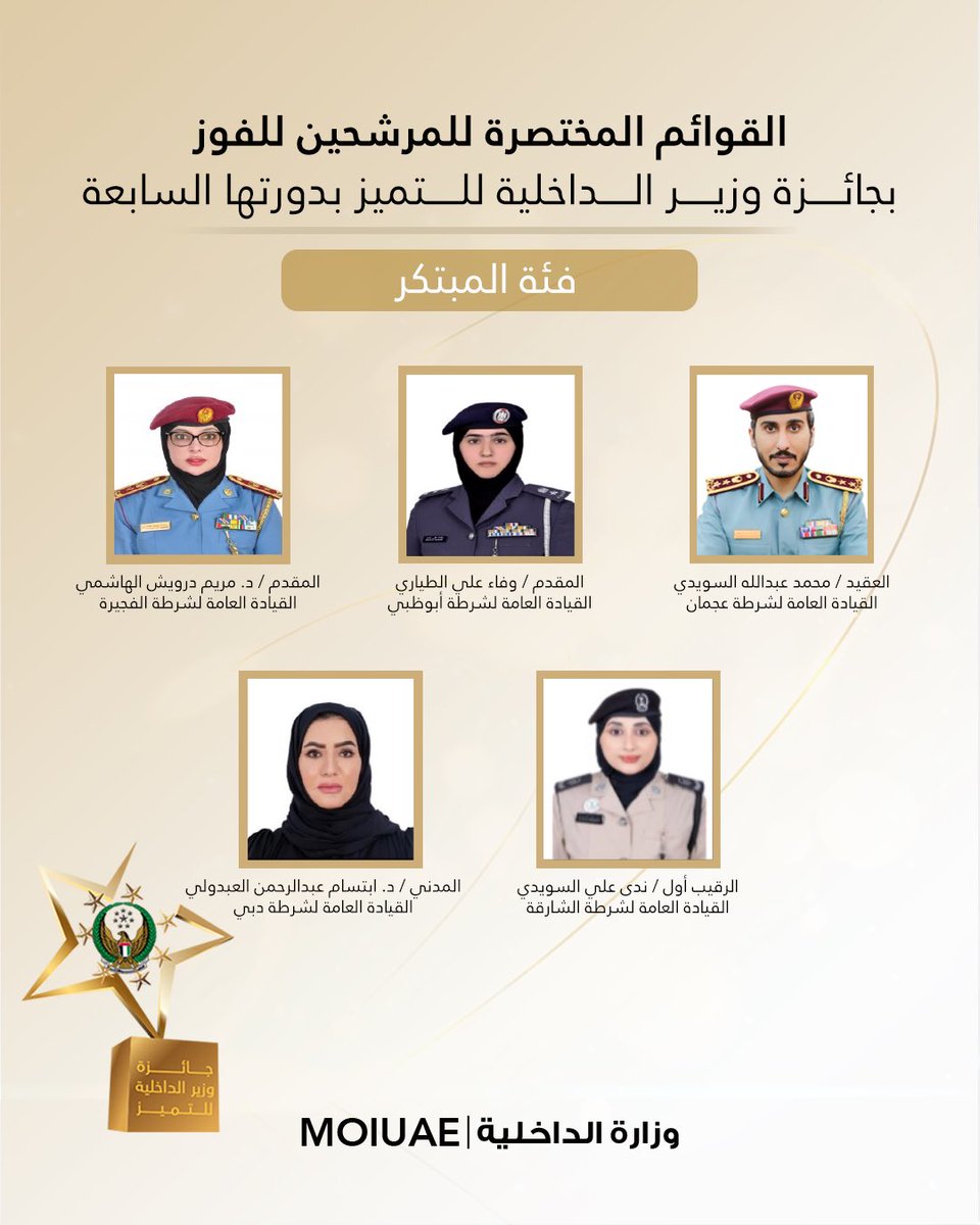 moiuae's tweet photo. تعرفوا على المرشحين للفوز بجائزة وزير الداخلية للتميز بدورتها السابعة على المستوى الوظيفي.. تهانينا لكل من وصل إلى هذه المرحلة، وكل التوفيق للجميع في المرحلة القادمة

#جائزة_وزير_الداخلية_للتميز 
#وزارة_الداخلية_الإمارات #الامارات_أمن_وأمان
#MOIUAE https://t.co/8CR1bF02Ps