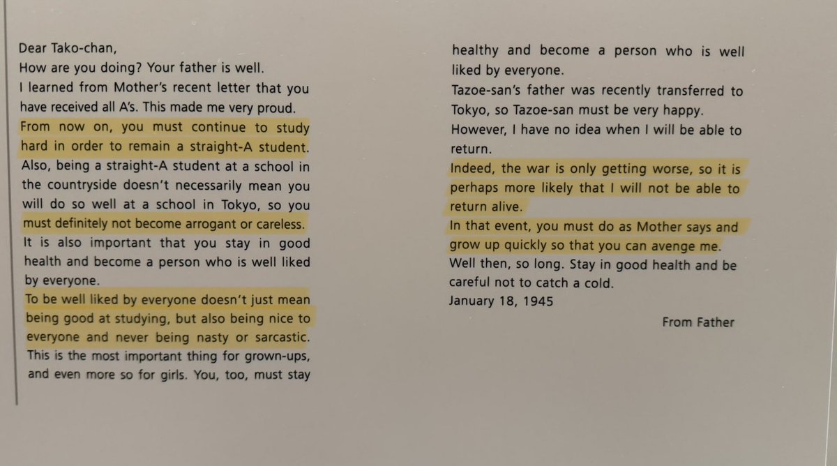 average letter from a japanese soldier to his daughter

> keep getting good grades
> but don’t be a bitch about it
> i will probably get killed
> if i do avenge my death
> don’t catch a cold