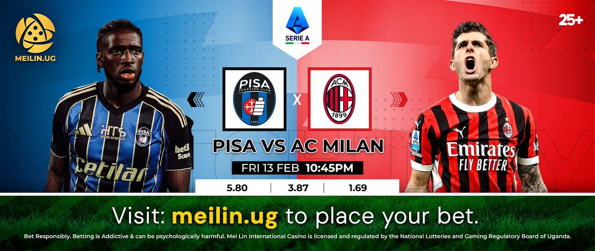 OsbertAkoragye's tweet photo. Pisa ๐ AC Milan โฝ๐ฅ
Serie A action loading underdogs ready, giants hungry and the BIGGEST ODDS waiting ๐
Kickoff 10:45PMโฆ football first, sleep later ๐
๐ Bet now: https://t.co/RclXMVDVz5
#BIGGESTODDS https://t.co/2y4Midrc6w