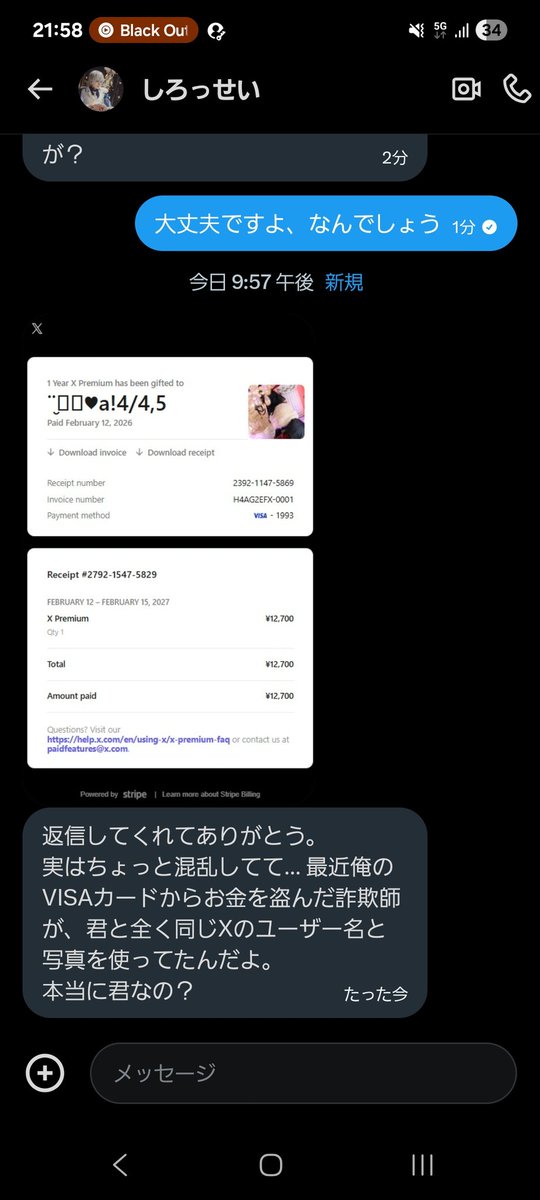 ⚠注意喚起⚠
現在しろっせいさんが乗っ取られており、このようなDMが届きました。
ご本人様の許可をいただきまして注意喚起を回しております。
皆様通報をお願いすると共に返信されないようお気をつけください。詐欺です。
