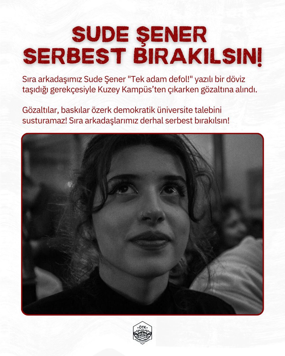 Sıra arkadaşımız Sude Şener "Tek adam defol!" yazılı bir döviz taşıdığı gerekçesiyle Kuzey Kampüs’ten çıkarken gözaltına alındı. 

Gözaltılar, baskılar özerk demokratik üniversite talebini susturamaz! Sıra arkadaşlarımız derhal serbest bırakılsın! 
#bogaziciablukada