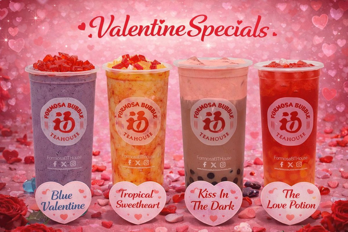 FormosaBTHouse's tweet photo. Happy Valentine’s Day Weekend! 💕 We’re sharing the love with 4 limited-edition boba drinks, crafted to be love at first sip:
💙 Blue Valentine 💛 Tropical Sweetheart 🤎 Kiss in the Dark ❤️ The Love Potion
Available 2/13–2/15. Try the full flight or pick your favorite. https://t.co/hkJfOxEJ2R