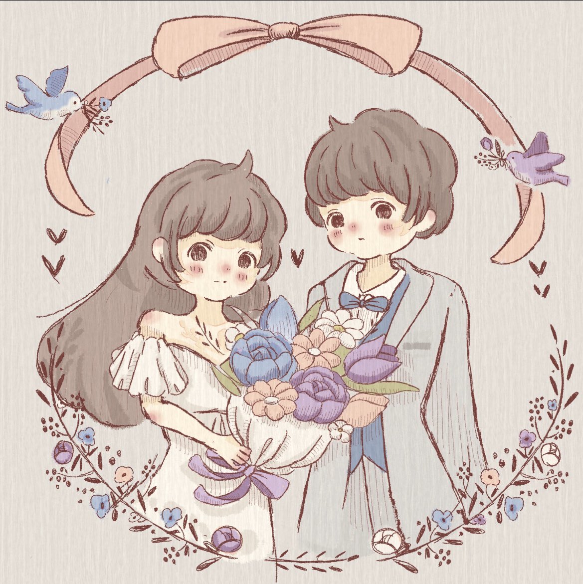 【ご依頼イラスト】

ウエディングドレス、
絵の中で叶えるのもアリだと思うんです

娘ちゃんたちの好きな色を
ブーケに込めました♡

水色と薄紫
気づいた人だけ分かる小鳥の意味🕊

 #イラスト #創作 #ウエディング #Illustration