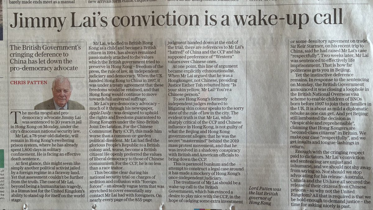 DavidAltonHL's tweet image. Chris Patten: “Enough with the cringing respect paid to dictators”  He is right that Jimmy Lai’s “conviction and sentencing is unjust” “@Keir_Starmer  @MPIainDS @timfarron @Chloe_chc_25 @caoilfhionnanna  #FreeJimmyLai Today’s Telegraph: telegraph.co.uk/opinion/2026/0…