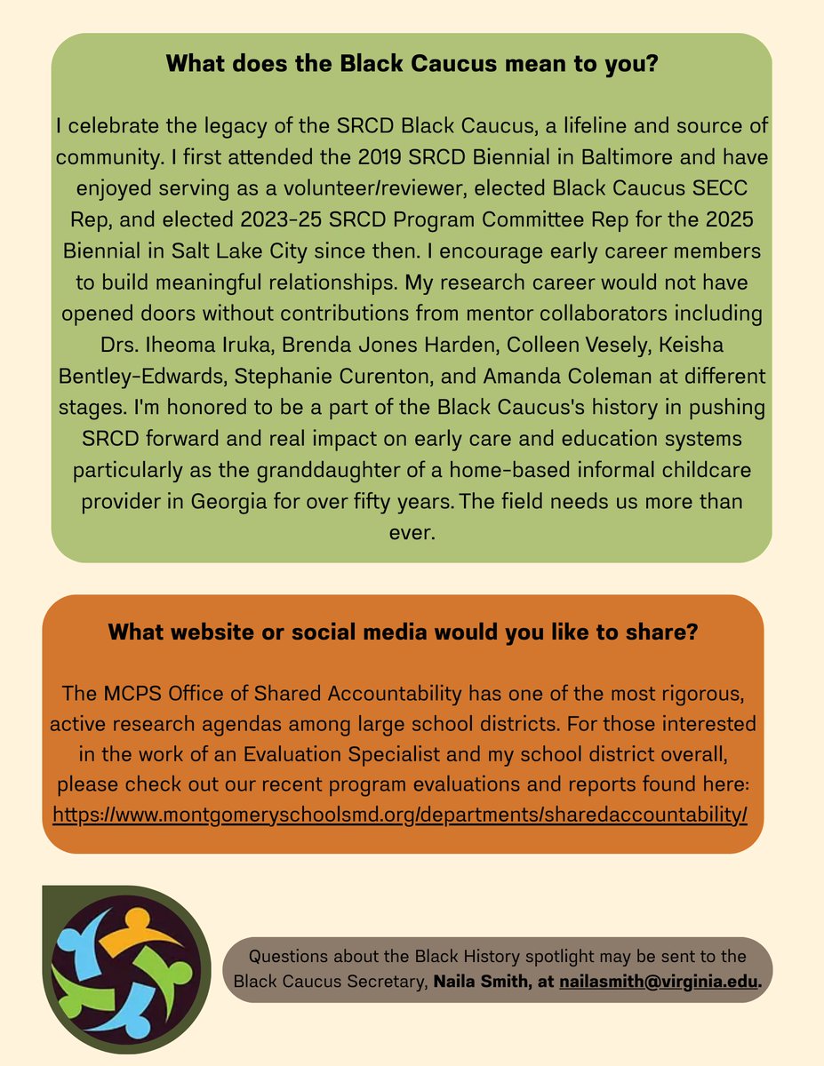 SRCDBlkCaucus's tweet photo. Happy Friday! 🌟 Ending the week with our #BlackHistoryMonth Scholar Spotlight: Dr. Amber Sansbury! 

As an Evaluation Specialist for @MCPS, her vital research focuses on parent voice &amp; childcare for Black &amp; immigrant families. 📚✨

Join us in celebrating her work! https://t.co/q09lQovjNK