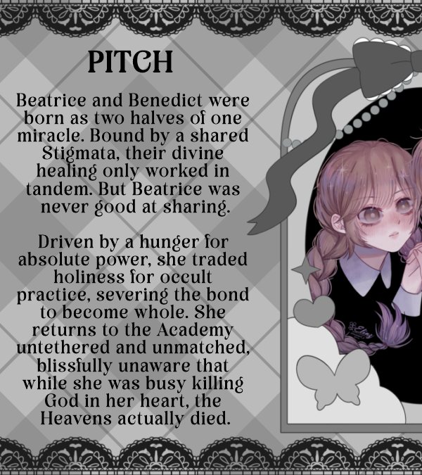 VRYNACOR's tweet photo. A guide to REPLICA

Twin souls, severed by greed. Beatrice traded the divine for the occult, oblivious that the Heavens she defied are dead.

📖 Dark Academia: Holy Edition
🎭 Cult Vibes
😈 Problematic FMC
💀 Dying Magic System
🪽 Religious Horror

#MupPit #F #Goth #Psy #NA #WIP https://t.co/RpUk40j54y