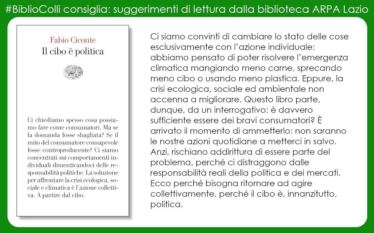 Volete saperne di più su ambiente, scienza etc?

La Biblioteca Paolo Colli di #ARPALazio ha ampia scelta di titoli #ebook da prendere in prestito con pochi click da: biblioteca.arpalazio.it/prestito-e-boo…

Oggi suggeriamo "Il cibo è politica" di Fabio Ciconte
