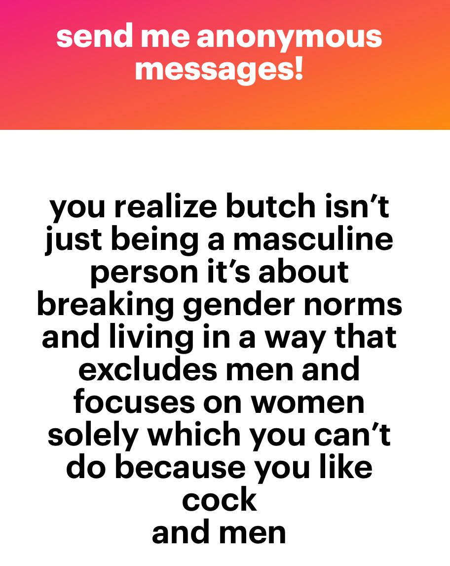 R3N1GADE's tweet photo. “Being butch is about living in a way that excludes men” 

You just made that up! 

Also, holy fuck, people who are attracted to men are not eternally damned to being male centered, and people who aren’t attracted to men are not automatically freed from patriarchy. https://t.co/jMqo77FB44
