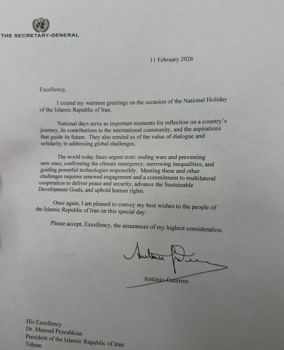 dannydanon's tweet photo. The UN Secretary-General @antonioguterres sends a letter extending his “warmest greetings” to the ayatollahs in Tehran as they shoot protesters and execute dissidents.

Instead of standing with the Iranian people who are being brutalized in the streets, Guterres chooses to legitimize a regime built on fear, oppression, and terror.

The UN under Guterres has embraced the ayatollahs and has turned its back on the Iranian people who are fighting for their freedom. Simply shameful.