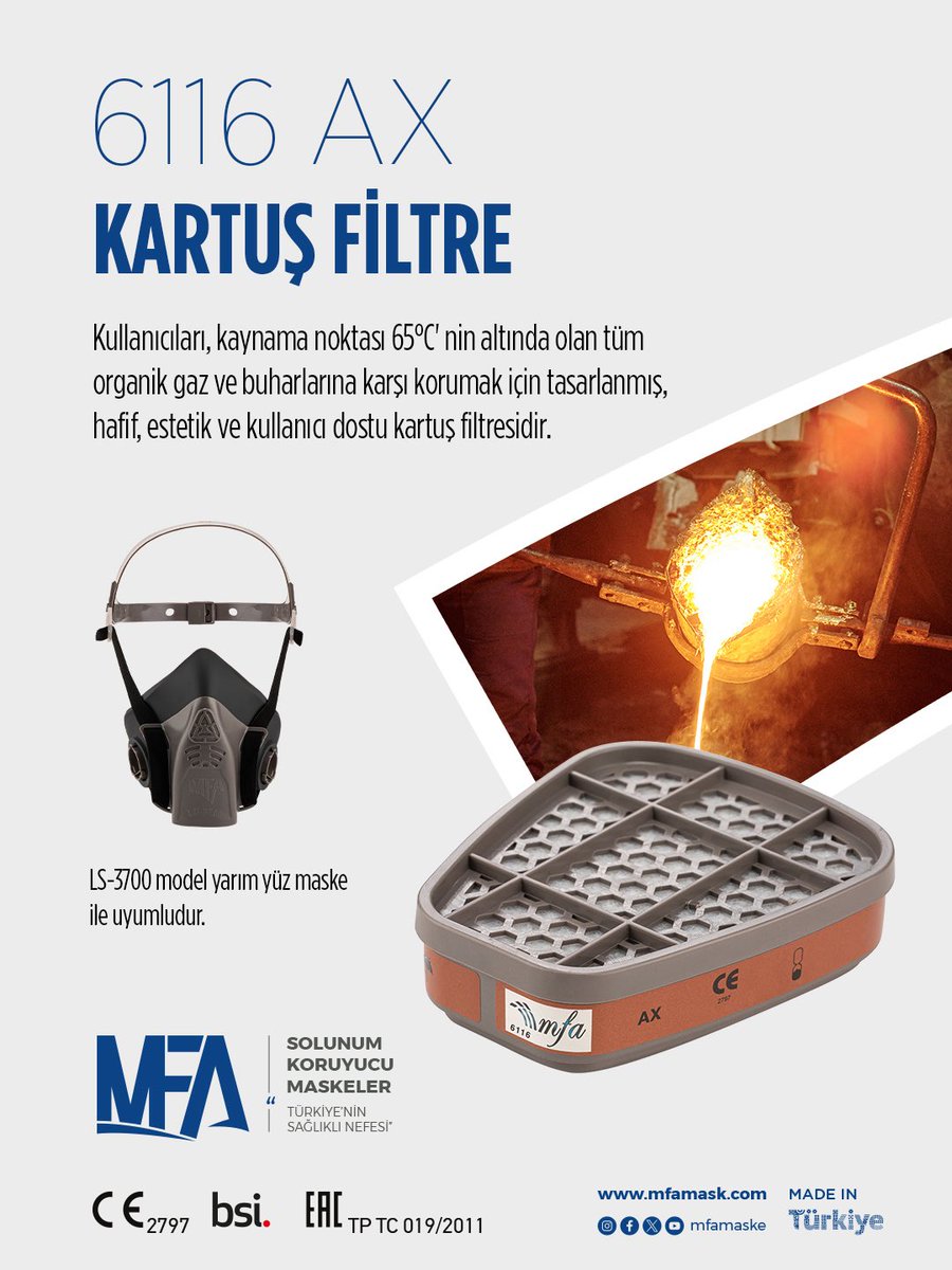 Düşük kaynama noktalı organik gaz ve buharlara karşı koruma amacıyla geliştirilen 6116 AX Kartuş Filtre, spesifik kimyasal risklere yönelik hedefli filtrasyon sağlar

Değiştirilebilir yapısı, kullanım sürecinde operasyonel sürekliliği destekler

#MFA Türkiye’nin Sağlıklı Nefesi😷