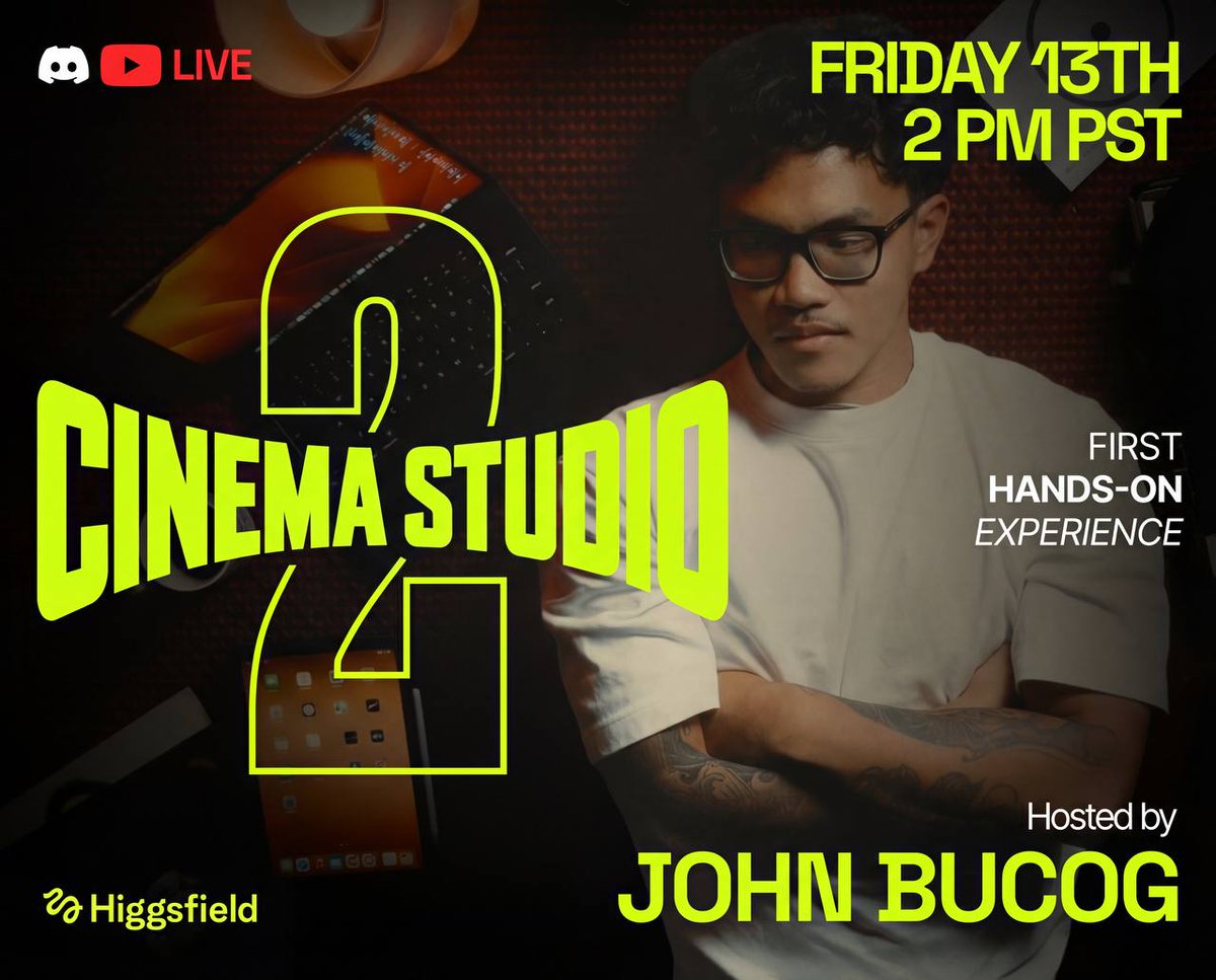 the AI filmmaker behind Moment Studio’s most iconic wins — live.

Cinema Studio 2.0 is here, and it changes everything.

🗓 Tomorrow (Fri 13th) | 2 PM PST
Unlock 10,000 credits, an annual Creator plan, and free stream credits.
#higgsfieldpartner