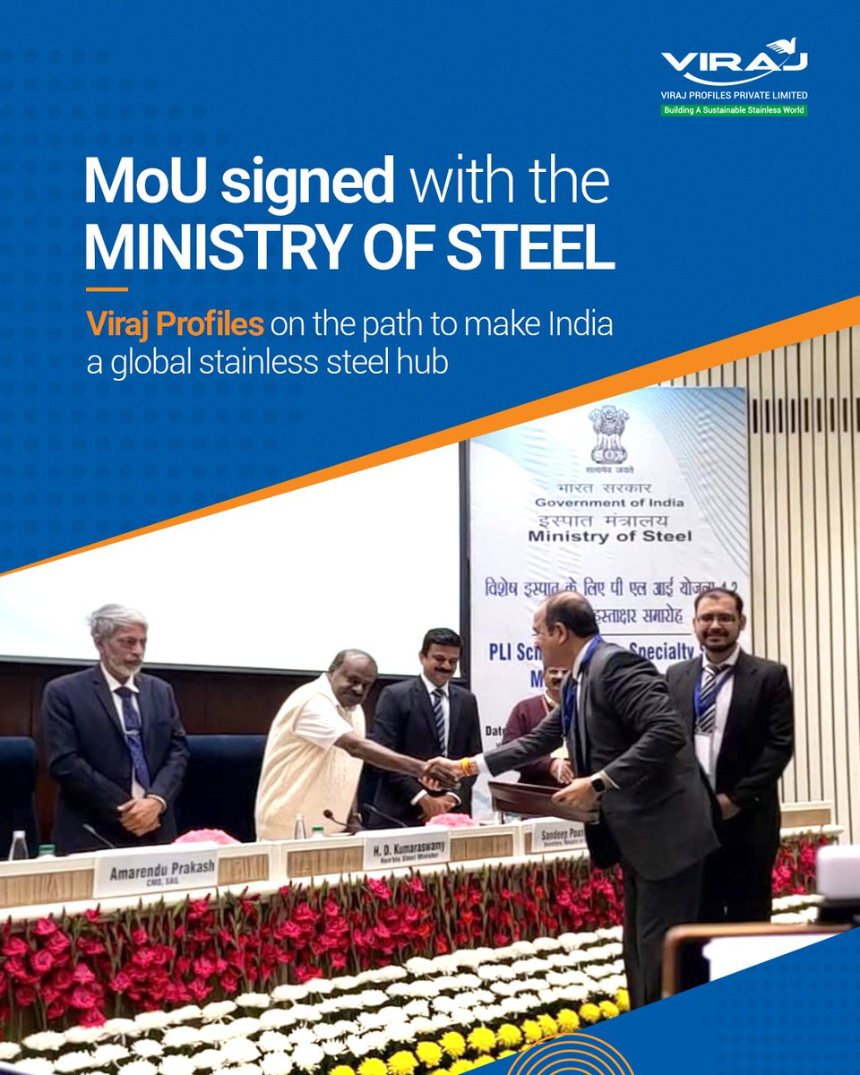virajprofiles's tweet photo. Viraj Profiles has signed an MoU with the @SteelMinIndia (Ministry of Steel) under the GoI’s PLI scheme, committing a planned investment of INR 280 crore. This milestone advances technology, expands value-added manufacturing, &amp; strengthens India’s presence in advanced steel.
#MoU https://t.co/E5aDlwb3Xf