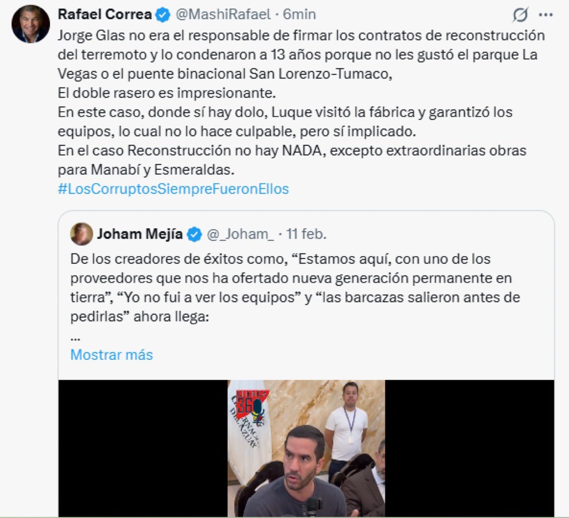 ecuainm_oficial's tweet photo. ‼️#URGENTE
Tras las declaraciones del ministro de Infraestructura y Transporte, Roberto Luque, de que él no firmó los contratos con #Progen, sino #Celec, el expresidente @MashiRafael manifestó que, "en este caso, donde sí hay dolo, Luque visitó la fábrica y garantizó los equipos, lo cual no lo hace culpable, pero sí implicado". "Jorge Glas no era el responsable de firmar los contratos de reconstrucción del terremoto y lo condenaron a 13 años”.