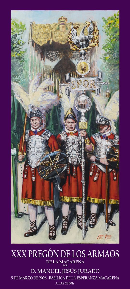 🔔 #ActualidadTC | Cartel del Pregón de "Los Armaos 2026", obra de <a href="/_JAVIERAGUILAR_/">JAVIER AGUILAR</a>

🔸️Una obra en óleo, que muestra a la Centuria delante del paso de la Esperanza en Resolana, envuelta en una luz intensa que simboliza la mañana del Viernes Santo.

#TDSCofrade #TrianeroCofrade