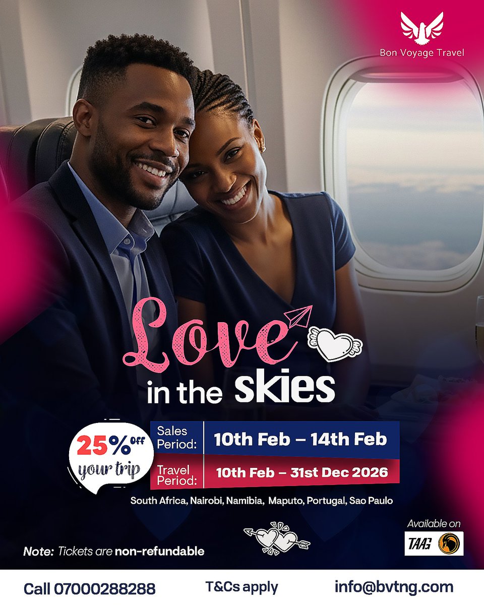 bvtng's tweet image. Love is in the air… and so are exclusive savings.

This Valentine’s season, take off with our special TAAG Angola deal and enjoy up to 25% OFF your ticket fares.

Terms and Conditions apply

#Cheapflights #bvtng #50YearsOfTravelExcellence