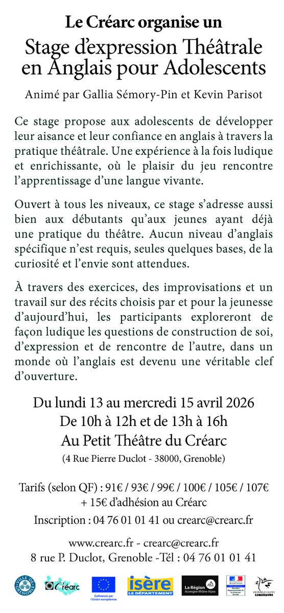 lecrearc's tweet photo. 🎭 STAGES THÉÂTRE – VACANCES D’AVRIL 2026 🎭 à partir de 11 ans

🇫🇷 Stage en français
📅 Du lundi 6 au mercredi 8 avril 2026

🇬🇧 Stage en anglais
📅 Du lundi 13 au mercredi 15 avril 2026
🎭 Animé par Gallia Sémory-Pin &amp; Kevin Parisot 

🔗 Plus d’infos : https://t.co/dXezW8uBR1 https://t.co/kF2xOPauaz