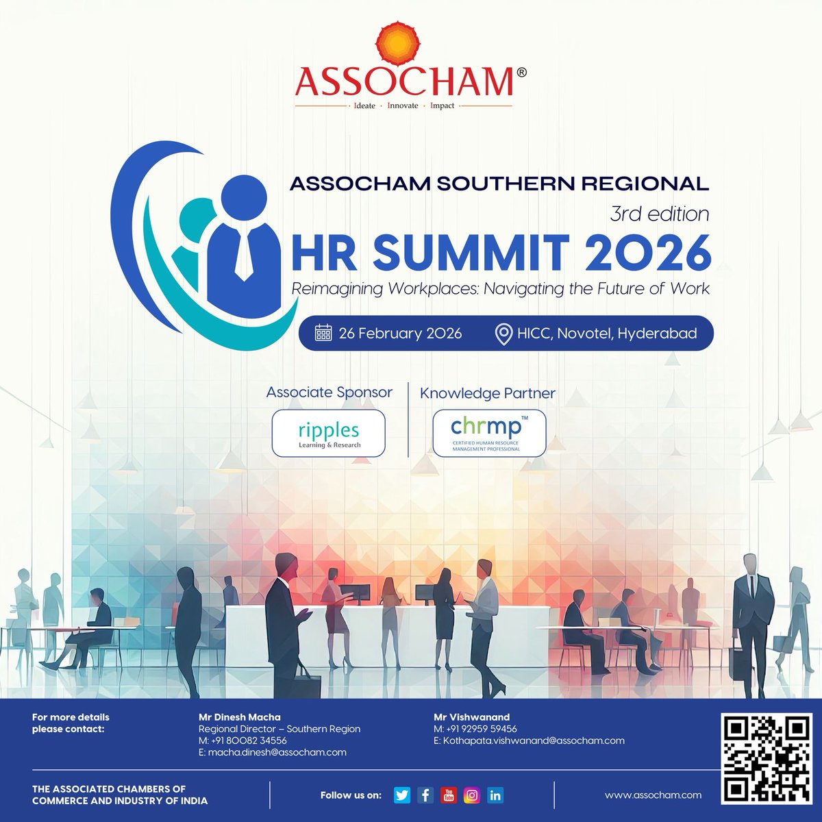 ASSOCHAM4India's tweet photo. India’s workplace transformation is no longer a distant vision — it is unfolding in real time. As de-globalisation, AI acceleration, regulatory reforms, and shifting workforce aspirations redefine business realities, HR leadership stands at the center of enterprise strategy.
 
The ASSOCHAM Southern Region HR Summit 2026 will serve as a high-impact platform to advance this strategic dialogue under the theme:
🎯 Reimagining Workplaces: Navigating the Future of Work
🗓 26 February 2026
📍 HICC, Novotel, Hyderabad
 
We are honoured that Bhatti Vikramarka Mallu, Hon’ble Deputy Chief Minister and Minister for Finance & Planning, Energy, Government of Telangana, has been invited as the Chief Guest. His participation reinforces the strong intersection between progressive public policy, economic development, and future-ready workforce strategies.
 
This summit will convene senior HR leaders, CEOs, GCC heads, policymakers, academicians, and industry experts to engage in forward-looking, outcome-driven conversations focused on:
* Strengthening India’s global leadership through resilient talent ecosystems
* Unlocking the India Advantage for GCCs through next-generation HR models
* Building skills-first organizations powered by Human–AI collaboration
* Designing age-inclusive and mid-career-responsive workplaces
* Understanding the strategic and compliance implications of the Four Labour Codes
 
We are pleased to partner with Ripples Learning & Research as Associate Sponsor and CHRMP as Knowledge Partner for the 3rd Edition of the Summit.
 
The future of work demands collaboration across industry, academia, and government. This platform is designed to catalyze exactly that.
 
We look forward to welcoming leaders who are ready not just to adapt to change, but to architect it.
 
#HRSummit2026 #FutureOfWork #HRLeadership #PublicPolicy #GCCs #TalentStrategy #HumanAI #LabourCodes #SustainableWorkplaces #Telangana #IndiaAtWork #AugustusAzariah #AnimeshRai #chethanraj #CHRMP #Ripples

@LabourMinistry @Bhatti_Mallu @FinMinIndia  @perminder_kaur @RipplesLearning @chrmpofficial
