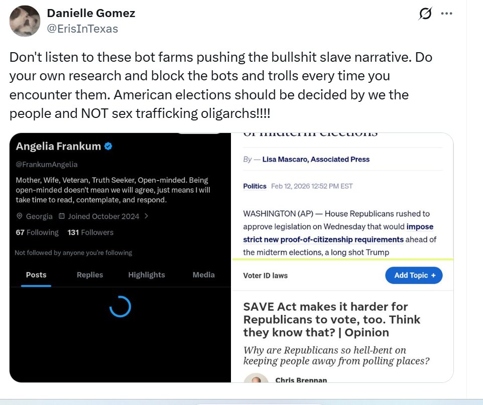 Meet <a href="/ErisInTexas/">Danielle Gomez</a>. She accused me of being a bot. Don't know if she realized the 'blue check mark' which indicates I VERIFIED my account. Which took government ID to verify. However, this poor uninformed person has NO 'blue check mark'. Hmmm... Then she blocked me from even the