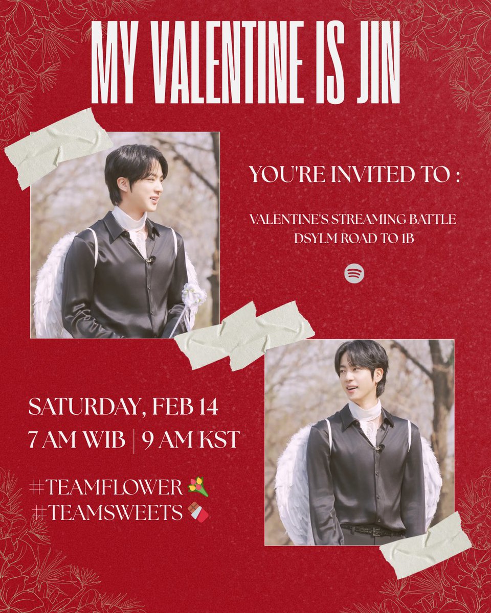 IndoForJin's tweet photo. 📢 Calling all INDOMY and Jin streamers Indonesia! 

Valentine's day vibes! Pour out your love through streaming as one of our special love language to Jin. Let's boost #DSYLMto1B together 💘 Are you ready? 🥰

📅 Sabtu, 14 Feb 07:00 WIB
🧚🏻‍♀️

🔑MY VALENTINE IS JIN
#TEAMFLOWER💐 / #TEAMSWEETS🍫
#DSYLMto1B