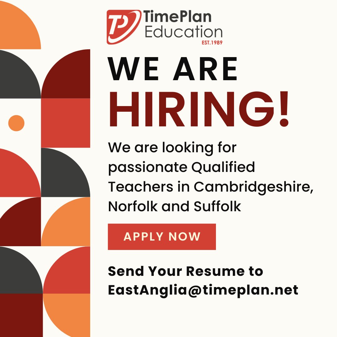 We’re recruiting teachers across Cambridgeshire, Norfolk and Suffolk and would love to hear from you.

If you’re committed to making a positive impact and ready for a new challenge, please send your CV to EastAnglia@timeplan.net 

Take the next step in your teaching journey.