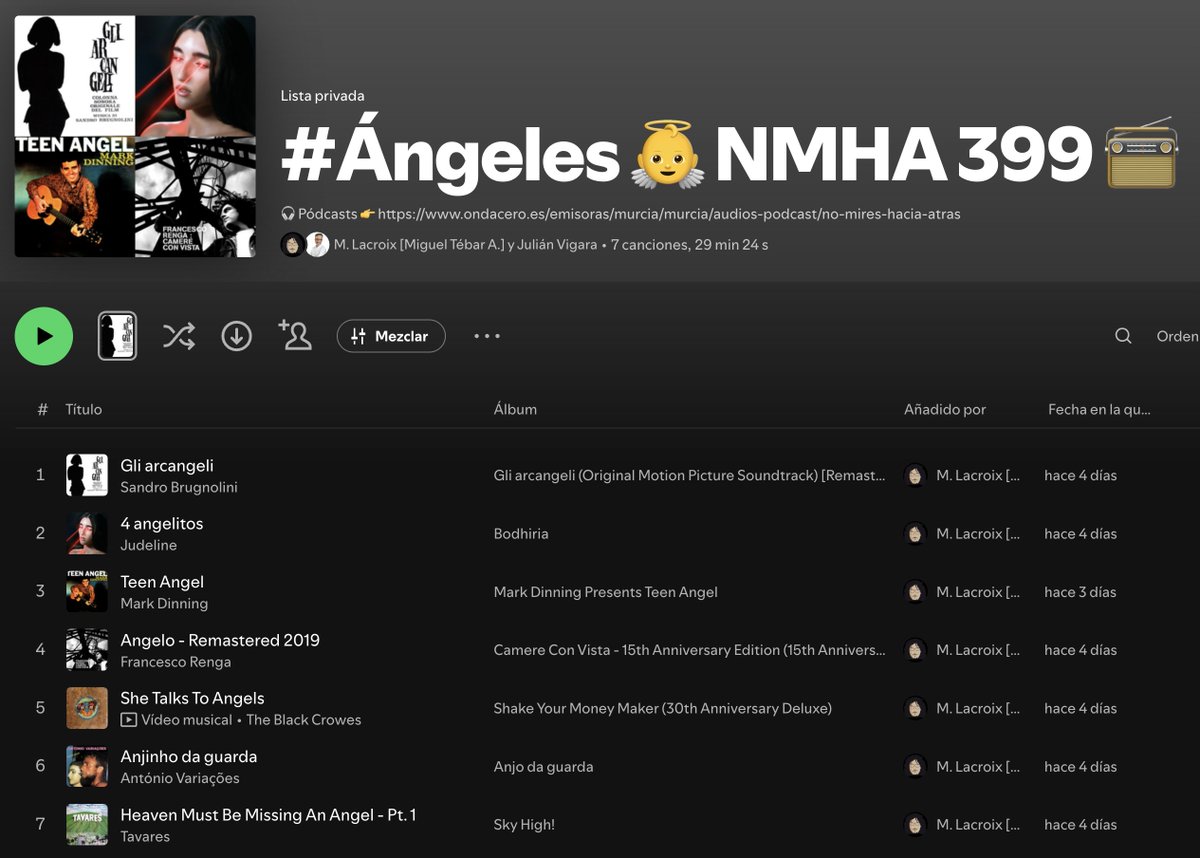 Gracias🙏🏼 por escuchar🎧 el pódcast🎙(≈15’’) del #NoMiresHaciaAtrás nº 399📻, especial #ángeles👼, con música por: #SandroBrugnolini #Judeline #MarkDinning #FrancescoRenga #TheBlackCrowes #AntónioVariações #Tavares

👂👉 bit.ly/NoMiresHaciaAt… …y ojalá te agrade.