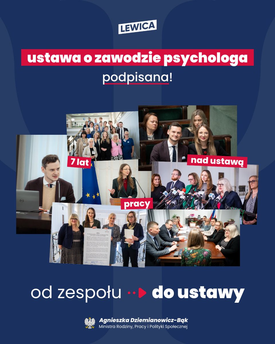 a_dziemianowicz's tweet photo. Nareszcie! Koniec z szarlatanerią zamiast wsparcia psychologicznego! Ustawa o zawodzie psychologa i samorządzie zawodowym psychologów została wczoraj podpisana przez prezydenta. 

To milowy krok dla bezpieczeństwa wszystkich osób, które w jakimś momencie życia potrzebować mogą wsparcia psychologicznego. To ochrona nas i naszych bliskich przed nadużyciami oszustów bez kwalifikacji. To w końcu uznanie doświadczenia, profesjonalizmu i kompetencji prawdziwych psychologów i psycholożek, możliwość utworzenia przez nich samorządu i budowania trwałych podstaw zaufania dla tego niezwykle ważnego zawodu.

Dziękuję wszystkim, ktorzy przez ostatnie lata przyłożyli się do wypracowania podpisanych wczoraj rozwiązań. To naprawdę wielka zmiana, która wpłynie na życie i bezpieczeństwo milionów Polek i Polaków. 

To dla mnie także osobisty sukces. Bo ta ustawa to 7 lat mojej pracy - najpierw w zespole parlamentarnym, który powołałam na samym początku poprzedniej kadencji Sejmu, później w ministerstwie pracy. A zaczęło się jesienią 2019 roku, gdy w czasie kampanii usłyszałam pytanie: „Czy jeśli zostanie Pani posłanką, to zajmie się Pani uregulowaniem zawodu psychologa?”. Odpowiedziałam, że tak - i obietnicy dotrzymałam. Nie byłoby to możliwe bez zaangażowania wielu osób - niezastąpionego @PerkowskiKarol, który i w czasie poprzedniej i obecnej kadencji włożył serce i rozum w stworzenie dobrej ustawy, @DStanderski, który cierpliwie i skrupulatnie pracował nad projektem poselskim, zespołu pracownic i pracowników @MRPiPS_GOV__PL, parlamentarzystów i parlamentarzystek pracujących w komisjach, no i oczywiście strony społecznej, czyli środowiska psychologicznego, które na każdym etapie prac nad ustawą wykazywało się zaangażowaniem i gotowością do merytorycznej współpracy.

Dziękuję i gratuluję 👏