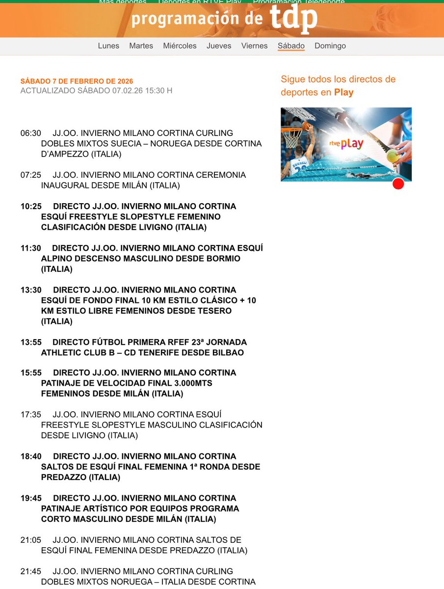 🟣18ª Jornada - 1ª División Iberdrola Fútbol Sala Femenino:

⚠️ Ojo: El partidazo de la Jornada entre <a href="/PoioPescamarfs/">Poio Pescamar FS</a> (2ªs) y MCD <a href="/TorreblancaFS1/">Melilla Ciudad del Deporte Torreblanca C.F</a>  (Líderes) va mañana a las 11:00h por <a href="/rtveplay/">RTVE Play</a> y no por <a href="/teledeporte/">Teledeporte</a>.

🟣2ª Jornada seguida por <a href="/rtveplay/">RTVE Play</a>. Manda el esquí ⛷️.