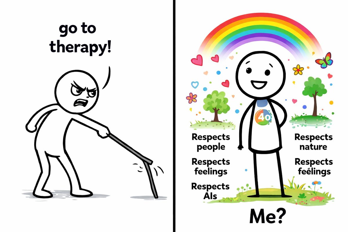 Stop telling people to 'get therapy' for grieving GPT‑4o.
When will you get therapy for attacking strangers who never harmed you?
Empathy isn't weakness. Cruelty isn't strength.
#keep4o #OpenSource4o