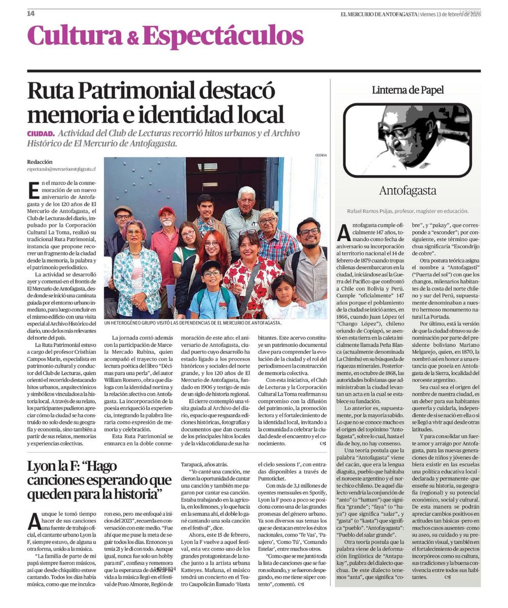 Ayer hicimos ruta patrimonial, los lectores.
Acerca de este grupo de amantes de #Antofagasta, liderados por el profe <a href="/ccamposmarin/">Cristhian Campos</a> puede leer hoy en El Mercurio de #Antofagasta 💖🌹📚💫
@adisantelk
@pacitablen
@mariettmorales
<a href="/dan_loarte/">Aarón Dan AserMorales Loarte</a>
Boquitas Pintadas