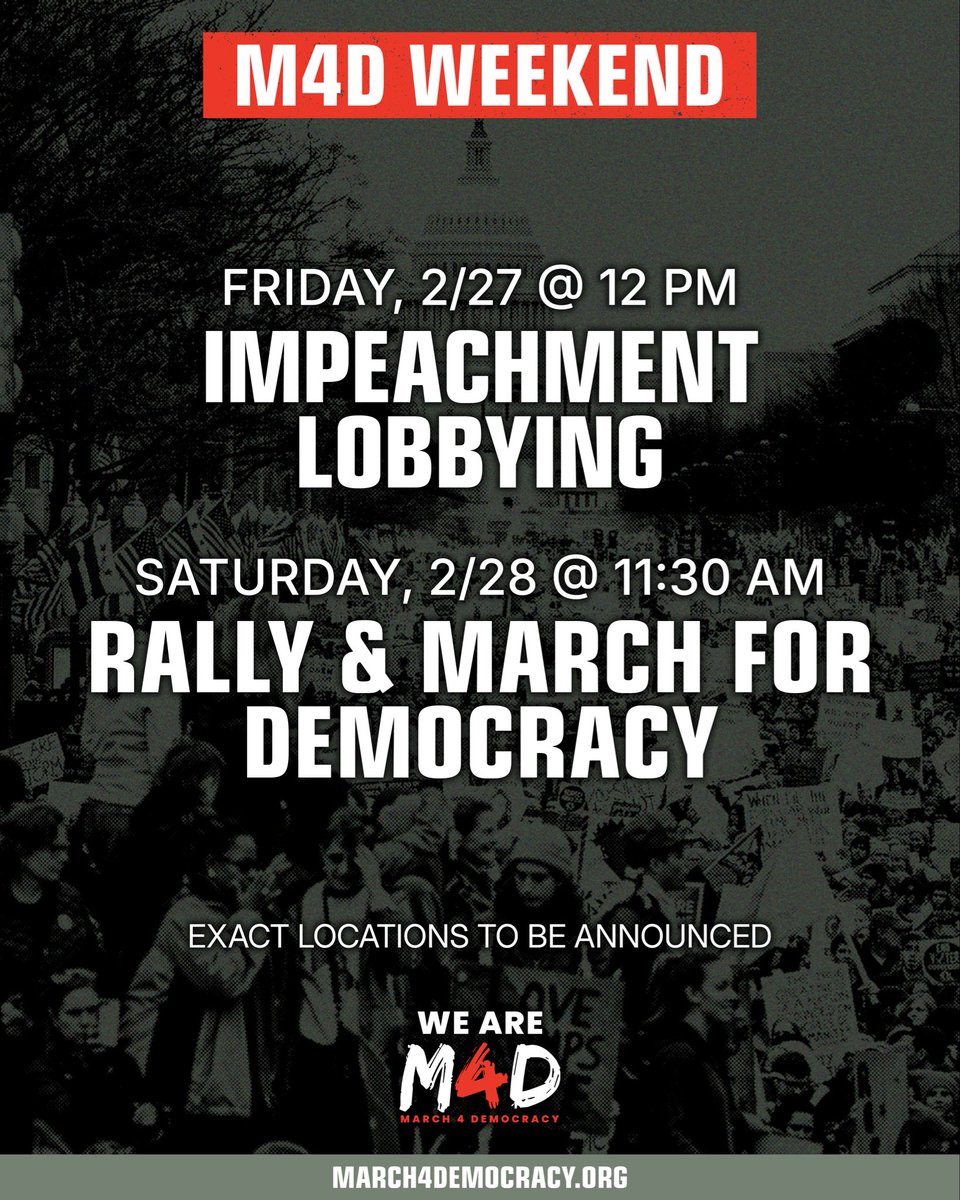 ofbyforusa's tweet photo. Feb 27–28: We show up for democracy.

📍 Impeachment lobbying in Congress
📍 Mass rally &amp; march in D.C.

If you can’t be there, organize where you are. The people still have power.

🔗 https://t.co/6kKCrgsUqJ

#March4Democracy #WeThePeople #OFBYFOR https://t.co/GvaVp7BHNg